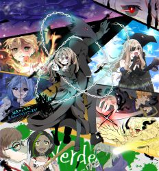  3girls 5boys absurdres aerosol agatha_flattz animal_head bandana bandana_over_mouth bird_boy black_hair black_skin black_suit blonde_hair blue_hair brothers brown_hair burn_scar can caron_(higyaku_no_noel) chain choker colored_skin crowbar cutlass dark-skinned_female dark_skin demon_boy dress drink_can eyepatch fire formal_clothes fugo_dressel glasses green_eyes hair_over_one_eye highres higyaku_no_noel holding holding_crowbar hood hoodie jacket jillian_littner lauro_maestri long_hair medical_eyepatch multicolored_hair multiple_boys multiple_girls necktie noel_cerquetti oscar_dressel piercing purple_hair red_vest scar scar_on_face severed_arm severed_limb short_hair siblings smile spray_can streaked_hair suit vest violet_eyes zoe_taska 