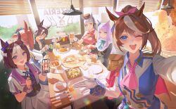  6+girls :d absurdres animal_ears ascot bib_collar black_coat black_jacket black_vest blue_eyes blue_jacket blunt_bangs bow bowtie braid breasts brown_hair buttons cake cake_slice cape cellphone center_frills closed_mouth coat collared_shirt commentary cup daiwa_scarlet_(peak_blue)_(umamusume) daiwa_scarlet_(umamusume) diner double-breasted dress ear_ribbon english_commentary epaulettes food frilled_jacket frilled_shirt_collar frills gloves gold_ship_(red_strife)_(umamusume) gold_ship_(umamusume) grey_hair hair_over_one_eye half_up_braid high_ponytail highres holding holding_cup holding_phone horse_ears horse_girl indoors jacket large_breasts long_hair long_sleeves looking_at_another looking_at_viewer mejiro_mcqueen_(frontline_elegance)_(umamusume) mejiro_mcqueen_(umamusume) multicolored_hair multiple_girls neck neck_ribbon oguri_cap_(umamusume) omelet omurice onion_rings open_mouth outstretched_arm phone pink_ascot pink_cape pizza pleated_skirt ponytail purple_hair purple_ribbon red_bow red_bowtie red_dress ribbon shirt short_hair sidelocks silence_suzuka_(umamusume) single_epaulette single_glove sitting skirt sleeveless sleeveless_dress small_breasts smartphone smile special_week_(special_dreamer)_(umamusume) special_week_(umamusume) standing streaked_hair swept_bangs teacup tokai_teio_(peak_joy)_(umamusume) tokai_teio_(umamusume) twintails umamusume vest video_call violet_eyes vodka_(umamusume) vodka_(wild_top_gear)_(umamusume) white_gloves white_hair white_jacket white_shirt white_skirt xiisalt 