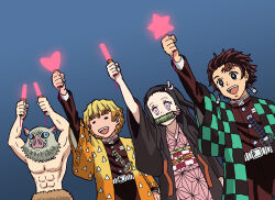  1girl 3boys =_= abs agatsuma_zenitsu arm_up arms_up bamboo bit_gag black_hair blonde_hair boar_mask brother_and_sister brown_eyes brown_hair checkered_haori commentary_request demon_slayer_uniform gag glowstick hair_ribbon haori hashibira_inosuke heart highres holding holding_glowstick japanese_clothes kamado_nezuko kamado_tanjirou katana kimetsu_no_yaiba kimono multicolored_hair multiple_boys muscular muscular_male orange_hair pectorals pink_eyes pink_kimono ribbon scar scar_on_face scar_on_forehead shideboo_(shideboh) siblings star_(symbol) streaked_hair sword topless_male two-tone_hair weapon 