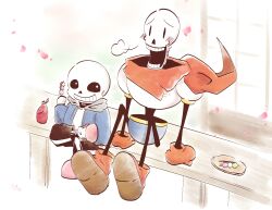  2022 2boys 2d arm_support armor artist_name black_shorts blue_jacket blue_shorts boots bottle brothers cape dango digital_media duo figure_four_sitting food gloves grey_hood height_difference highres holding holding_food hollow_eyes hood hood_down hooded_jacket humanoid jacket ketchup ketchup_bottle knees_up male male_focus male_only monster monster_boy multiple_boys open_clothes open_jacket open_mouth oppyanen papyrus_(undertale) pink_slippers plate puff_of_air red_boots red_cape red_gloves sans_(undertale) shirt shorts siblings simple_background single_vertical_stripe sitting skeleton slippers socks striped_shorts teeth undead undertale utdr_(toby_fox) vertical-striped_clothes vertical-striped_shorts white_armor white_background white_shirt white_socks white_stripes |_| 