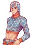  2608337875 abs absurdres animal_print argyle argyle_sweater black_eyes crop_top guido_mista hat highres jojo_no_kimyou_na_bouken looking_at_viewer male_focus midriff sweater tiger_print upper_body vento_aureo 