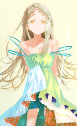  1girl absurdres arms_behind_back bare_shoulders blonde_hair braid colored_eyelashes commentary_request dress feet_out_of_frame gakuen_idolmaster highres idolmaster koukei_(idolmaster) long_hair orange_eyes shinosawa_hiro simple_background solo standing strap_slip superhoikoro 