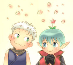  2boys :3 assassin_(ragnarok_online) black_gloves blush closed_mouth coat commentary_request dated_commentary flower flower_on_head gloves green_eyes green_hair grey_hair looking_at_another lowres male_focus multiple_boys oomojiya pointy_ears priest_(ragnarok_online) purple_shirt ragnarok_online red_coat red_flower shirt short_hair sleeveless sleeveless_shirt smile upper_body 