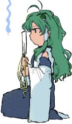 1girl dade_ne detached_sleeves frog_hair_ornament from_side green_eyes green_hair hair_ornament highres kneeling kochiya_sanae long_hair looking_to_the_side sleeveless solo touhou white_background wide_sleeves 