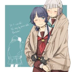  2girls 524ryo aqua_background black_gloves blue_hair blush bob_cut border brown_cardigan brown_dress cardigan closed_eyes closed_mouth commission dollchestra dress english_text gloves grey_hair hair_ornament half_gloves hasu_no_sora_school_uniform highres inverted_bob link!_like!_love_live! long_sleeves looking_at_another love_live! low_twintails mole mole_on_neck multiple_girls multiple_views murano_sayaka neckerchief nose_blush one_eye_closed open_cardigan open_clothes outside_border parted_lips red_neckerchief red_streaks sailor_collar sailor_dress school_uniform shared_clothes short_hair skeb_commission star_(symbol) star_hair_ornament twintails virtual_youtuber white_border white_sailor_collar winter_uniform yugiri_tsuzuri 