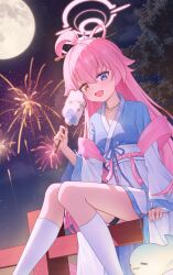  1girl :d absurdres aerial_fireworks ahoge arm_at_side backlighting blue_archive blue_eyes blush chinese_commentary collarbone commentary_request dutch_angle feet_out_of_frame fingernails fireworks fu_shang full_moon hair_between_eyes halo hand_fan hand_up heterochromia highres holding holding_fan hoshino_(blue_archive) hoshino_(mid-autumn_festival)_(blue_archive) huge_ahoge kneehighs knees_together_feet_apart long_hair long_sleeves mid-autumn_festival moon night night_sky official_alternate_costume open_mouth outdoors pink_hair pink_halo pink_shawl shawl sitting sky smile socks solo tuanshan very_long_hair white_socks wide_sleeves yellow_eyes 