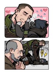  3boys animalization balding beard black_gloves camouflage cat chinese_commentary commentary_request doctor_(stalker) facial_hair fukurau gloves green_vest grey_hair imagining looking_at_another male_focus mask multiple_boys mustache respirator short_hair skif_(stalker_2) snow_camouflage stalker_(game) stalker_2:_heart_of_chornobyl strangling strider_(stalker) turn_pale upper_body vest 