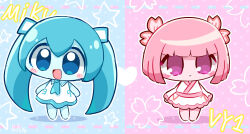  2girls :d absurdly_long_hair aqua_hair aqua_necktie aqua_trim arms_at_sides artist_name bare_arms bare_legs bare_shoulders barefoot blue_background blue_eyes blue_skin blunt_bangs blunt_ends blush bob_cut character_name chibi chibi_only closed_mouth collared_dress colored_skin commentary_request double-parted_bangs dress expressionless flat_chest floral_background flower frown full_body hair_between_eyes hair_flower hair_ornament hatsune_miku heart highres japanese_clothes kimono long_hair long_sleeves looking_at_viewer multiple_girls necktie no_pupils open_mouth outline pepoyo pink_background pink_eyes pink_flower pink_hair pink_skin pink_trim polka_dot polka_dot_background short_dress short_hair short_kimono simple_background sleeveless sleeveless_dress smile standing star_(symbol) star_symbol_background tareme tongue twintails very_long_hair vocaloid vy1 white_dress white_kimono white_outline 
