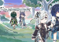  4girls black_dress blue_dress blue_eyes blue_hair closed_mouth commentary dress english_commentary genshin_impact gloves green_hair hair_ornament hair_over_one_eye highres horns lauma_(genshin_impact) multiple_girls nefer_(genshin_impact) official_alternate_costume one_eye_covered open_mouth outdoors pointy_ears shenhe_(frostflower_dew)_(genshin_impact) shenhe_(genshin_impact) tree walking walking_backwards white_hair xinzoruo yelan_(genshin_impact) yelan_(tranquil_banquet)_(genshin_impact) 