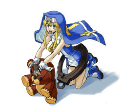  1boy ankle_boots bike_shorts black_gloves black_shorts blonde_hair blue_boots blue_eyes blue_veil blue_vest boots bridget_(guilty_gear) button_eyes buttons cross cross_print fingerless_gloves floating_clothes foot_up_heel_up from_above full_body gloves guilty_gear guilty_gear_xx hair_between_eyes hands_on_another's_head invisible_floor jitaso kneehighs kneeling latin_cross leaning_forward light_blush long_sidelocks looking_at_viewer lower_teeth_only mars_symbol neck_ribbon nun object_belt on_floor open_mouth oversized_object own_hands_together print_wrist_cuffs rectangular_mouth ribbon roger_(guilty_gear) shadow shirt short_hair short_hair_with_long_locks shorts sidelocks simple_background sleeveless sleeveless_shirt socks stitches stuffed_animal stuffed_toy teddy_bear teeth trap veil vest white_background white_shirt white_socks white_trim white_wrist_cuffs wrist_cuffs yellow_ribbon 
