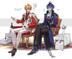  2boys ascot black_gloves black_hair blue_coat blue_eyes blue_hair closed_mouth coat earrings flins_(genshin_fes_2026)_(genshin_impact) flins_(genshin_impact) genshin_impact gloves hair_between_eyes holding jacket jewelry long_hair male_focus multicolored_hair multiple_boys official_alternate_costume open_mouth orange_hair sato_nji shirt short_hair simple_background tartaglia_(genshin_fes_2026)_(genshin_impact) tartaglia_(genshin_impact) white_background white_shirt yellow_eyes 