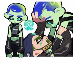  beanie black_sclera blue_eyes blue_hair blue_hat brown_jacket buzz_cut chinese_commentary colored_sclera colored_skin commentary_request fukurau green_skin grey_background hat jacket looking_at_another male_focus open_mouth radiation_symbol short_hair simple_background skif_(stalker_2) splatoon_(series) stalker_(game) stalker_2:_heart_of_chornobyl strangling strider_(stalker) very_short_hair 