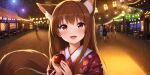 1girl :d aerial_fireworks animal_ear_fluff animal_ears apple awwesomeai bangs blush brown_hair building candy_apple city city_lights cityscape east_asian_architecture eyebrows_visible_through_hair festival fireworks food fox_ears fox_tail fruit holding holding_food holo japanese_clothes kimono lantern light_particles long_hair looking_at_viewer night night_sky open_mouth outdoors print_kimono red_kimono rooftop sky smile spice_and_wolf starry_sky summer_festival tail town wolf_ears wolf_tail yukata
