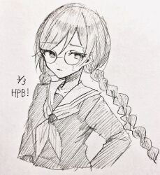  1girl absurdres braid collared_shirt commentary_request danganronpa:_trigger_happy_havoc danganronpa_(series) dated eyelashes feng_(mochicapy) fukawa_toko glasses greyscale happy_birthday hatching_(texture) highres long_hair long_sleeves monochrome neckerchief round_eyewear sailor_collar shirt simple_background solo traditional_media twin_braids twintails white_background 