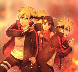  1girl 3boys black_hair black_headband blonde_hair blood blood_on_face blue_eyes boruto:_naruto_next_generations clone commentary_request dirty dirty_clothes embers fire forehead_protector headband highres holding holding_kunai holding_weapon kunai matsu_(fu6ide2) medium_hair multiple_boys naruto_(series) no_eyewear red_eyes red_headband serious sharingan twitter_username uchiha_sarada uzumaki_boruto weapon 