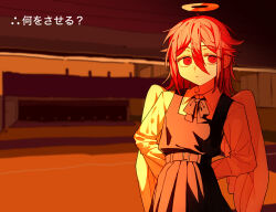  1boy angel_devil_(chainsaw_man) angel_wings arms_behind_back belt black_belt black_bow black_bowtie black_dress bow bowtie chainsaw_man closed_mouth collared_shirt crossdressing crossdressing_(mtf) deep_(deep4946) dress expressionless fourth_east_high_school_uniform halo highres long_sleeves looking_at_viewer male_focus medium_hair monochrome pinafore_dress red_eyes red_hair sayonara_wo_oshiete school_uniform shirt sleeveless sleeveless_dress solo traditional_halo trap upper_body warm_colored wings 