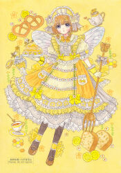  1girl accurate_lolita_coord ankle_cuffs apron bee bee_wings black_pantyhose braid brown_shoes bug commentary dress english_commentary flower food fork frilled_dress frilled_hairband frills full_body hairband highres hisakata_(hisa_nn) holding holding_food holding_fork honey honeycomb_(object) insect_wings lolita_fashion lolita_hairband looking_at_viewer orange_hair original oversized_fork pantyhose pretzel puffy_short_sleeves puffy_sleeves shoes short_sleeves side_braids solo teapot wings wrist_cuffs yellow_background yellow_dress 