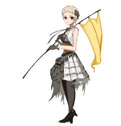  1girl black_gloves black_pantyhose black_ribbon black_shoes blonde_hair brown_corset closed_mouth commentary_request corset dress earrings eyelashes flag full_body gloves hair_ribbon high_heels highres holding holding_flag idolmaster idolmaster_cinderella_girls jewelry kk2tbtr multicolored_dress orange_eyes pantyhose pixie_cut ribbon senzaki_ema shoes short_hair smile solo standing star_(symbol) star_earrings torn_clothes torn_dress very_short_hair 