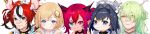  5girls aged_down aged_up animal_ears animal_on_head black_hair blonde_hair blue_eyes blush ceres_fauna close-up dice_hair_ornament earrings english_commentary flower green_hair hair_flower hair_ornament hakos_baelz heterochromia highres hololive hololive_english horns irys_(hololive) jewelry looking_at_viewer mole mole_under_eye monocle_hair_ornament mouse_ears mouse_girl mouse_on_head mr._squeaks_(hakos_baelz) multicolored_hair multiple_girls ninomae_ina&#039;nis_(artist) old old_woman on_head ouro_kronii redhead simple_background smile streaked_hair twintails violet_eyes virtual_youtuber watson_amelia white_background white_hair wide_image yellow_eyes 
