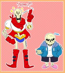 2022 2boys 2d absurdres armor black_shorts blue_hood blue_jacket blue_shorts boots brothers cape character_name commentary digital_media drawstring duo english_commentary full_body gloves green_background half-closed_eyes halftone halftone_background hand_in_pocket height_difference highres hollow_eyes hood hood_down hooded_jacket humanoid jacket justthetmg1280 male male_focus male_only monster monster_boy multiple_boys one_eye_closed open_clothes open_jacket outline papyrus_(undertale) parody pink_slippers popcornpr1nce_(style) red_boots red_cape red_gloves sans_(undertale) shirt shorts siblings simple_background skeleton slippers standing straight-on style_parody teeth text undead undertale upper_body utdr_(toby_fox) w white_armor white_outline white_shirt