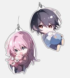  2girls absurdres bang_dream! bang_dream!_it's_mygo!!!!! brown_eyes chibi chihaya_anon fang grey_eyes hibioes highres long_hair long_sleeves multiple_girls open_mouth pink_hair pink_shirt shirt simple_background skin_fang stuffed_animal stuffed_dog stuffed_penguin stuffed_toy takamatsu_tomori white_background white_shirt 