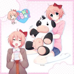  2000s_(style) 2girls :3 :d ^_^ ahoge blue_eyes blue_shorts blush border bow breasts brown_jacket brown_sweater buttons closed_eyes collared_shirt commentary copyright_name denim denim_shorts doki_doki_literature_club doki_doki_literature_club_school_uniform dot_nose double-parted_bangs dual_persona english_commentary facing_viewer faux_retro_artstyle fingernails full_body hair_between_eyes hair_bow highres holding holding_notepad holding_stuffed_toy jacket jelly_(bonnybel) kneehighs layered_sleeves long_sleeves looking_at_viewer multiple_girls no_shoes notepad official_alternate_costume open_clothes open_jacket open_mouth orange_hair outside_border parted_lips pink_background pink_border pink_shirt polka_dot polka_dot_background puffy_long_sleeves puffy_short_sleeves puffy_sleeves red_bow sayori_(doki_doki_literature_club) school_uniform shirt short_hair short_shorts short_sleeves shorts simple_background sitting small_breasts smile socks stuffed_animal stuffed_cow stuffed_toy sweater tareme tongue twitter_username two-tone_background upper_body wariza white_background white_shirt white_socks 