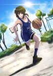  1girl ball basketball basketball_uniform bike_shorts bike_shorts_under_shorts black_eyes black_footwear black_hair blue_shirt blue_shorts blue_sky blue_socks clouds commentary_request day dutch_angle fubuki_(kancolle) full_body highres kantai_collection ld_(luna_dial398) long_hair looking_at_viewer low_ponytail outdoors playing_games ponytail running shirt shoes short_ponytail shorts shorts_under_shorts sidelocks sky sneakers socks solo sportswear sun tank_top tree 