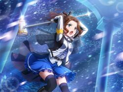  1girl arms_behind_head black_thighhighs blue_skirt brown_hair center_frills frills game_cg gloves grey_gloves holding holding_mallet holding_weapon honami_hisame jacket long_sleeves looking_at_viewer mallet medium_hair official_art open_mouth pillar ponytail shirt shoujo_kageki_revue_starlight shoujo_kageki_revue_starlight_-re_live- sidelocks skirt solo thigh-highs upper_body v-shaped_eyebrows wavy_hair weapon white_jacket white_shirt zipper 
