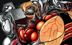  antennae black_background buzzwole commentary_request insect_wings kaosu_(kaosu0905) melmetal metal_skin muscular no_humans nut_(hardware) one-eyed pokemon pokemon_(creature) pokemon_focus simple_background spikes wings 