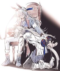  2girls absurdres ahoge animal_ears black_leggings blue_boots blue_eyes blue_hairband blue_jacket blue_sailor_collar blue_sports_bra boots bound bound_wrists brooch chair closed_mouth crop_top ear_covers ear_ornament fingerless_gloves gloves grey_hair grey_tail hair_between_eyes hair_ornament hairband headband highres horse_ears horse_girl horse_tail jacket jewelry kneeling leggings lightning_bolt_print lightning_bolt_symbol long_hair long_sleeves multiple_girls neckerchief nooctadesu oguri_cap_(starlight_beat)_(umamusume) oguri_cap_(umamusume) on_chair pants pleated_skirt red_headband red_neckerchief sailor_collar shirt sitting skirt sports_bra star_brooch striped_clothes striped_hairband tail tamamo_cross_(umamusume) tamamo_cross_(with_lightning_speed)_(umamusume) umamusume very_long_hair white_boots white_jacket white_pants white_shirt 