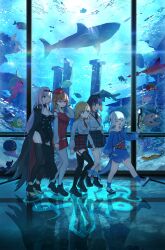 5girls absurdres advarcher alternate_costume aquarium black_cape black_dress black_thighhighs blue_hoodie blue_socks blue_streaks cape closed_eyes dress fins fish_tail gawr_gura gawr_gura_(1st_costume) grey_hair high_heels highres hololive hololive_english holomyth hood hoodie indoors medium_hair mori_calliope mori_calliope_(1st_costume) multiple_girls ninomae_ina'nis open_mouth orange_hair orange_shirt orange_skirt pantyhose pink_hair purple_hair red_eyes shark_girl shark_tail shirt shoes skirt smile socks tail takanashi_kiara takanashi_kiara_(1st_costume) thigh-highs two_side_up virtual_youtuber watson_amelia watson_amelia_(1st_costume) white_pantyhose yellow_shoes 