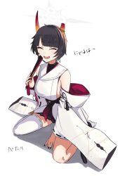  1girl absurdres black_hair blue_archive breasts broken_horn closed_eyes detached_sleeves earrings folded_fan folding_fan gradient_horns halo hand_fan highres holding holding_fan hoop_earrings horns japanese_clothes jewelry kimono kyurosuku large_breasts mole mole_under_eye multicolored_horns niya_(blue_archive) open_mouth orange_horns short_hair sideboob sideless_kimono single_thighhigh sleeveless sleeveless_kimono smile thigh-highs white_halo white_kimono white_thighhighs wide_sleeves 