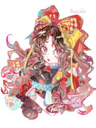  1girl absurdres argyle_bow artist_name bead_bracelet beads black_hair bow bowtie bracelet brown_eyes chinese_commentary commentary_request creature crimson_rhapsody_(infinity_nikki) cropped_torso dress esseling_(infinity_nikki) eyelashes facepaint felispirit_sack_(infinity_nikki) frilled_sleeves frilled_wrist_cuffs frills hair_between_eyes hair_bow hair_ribbon highres hime_lolita holding holding_creature infinity_nikki jewelry large_bow lolita_fashion long_hair luochu_(aniya32098) multiple_hair_bows nikki_(series) pawpads puffy_short_sleeves puffy_sleeves red_bow red_dress red_ribbon red_wrist_cuffs ribbon short_sleeves simple_background two-tone_bow two-tone_ribbon variant_set very_long_hair wavy_hair white_background wrist_cuffs yellow_bow yellow_bowtie yellow_ribbon 