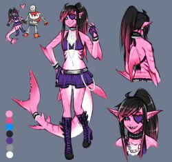 1boy 1girl 2017 2d anthro armor artist_self-insert back black_hair black_sclera blue_eyes blue_shorts boots cape character_sheet color_guide colored_sclera colored_skin crop_top digital_media duo ear_fins ear_piercings earrings eyepatch female fingerless_gloves fins fish fish_girl fish_tail gloves gradient_hair grey_background head_fins heart-shaped_eyepatch hetero high_ponytail humanoid interspecies jewelry laced-up_boots long_hair male midriff miniskirt monster monster_boy monster_girl multiple_ear_piercings multiple_views navel necklace oc_x_canon original original_character papyrus_(undertale) pearl_earrings pearl_necklace pink_hair pink_skin ponytail purple_boots purple_eyepatch purple_gloves purple_skirt purple_tank_top rb_(sparkleee-sprinkle) red_boots red_cape red_gloves shark shark_fins shark_girl shark_tail sharp_teeth shorts simple_background skeleton skirt tail teeth two-tone_hair two-tone_skin undead undertale utdr_(toby_fox) white_armor white_skin