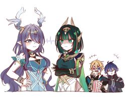  2boys 2girls 3d_glasses ahoge ancient_egyptian_clothes antlers armlet arms_under_breasts black_coat black_gloves blonde_hair blue_dress blue_eyes bracelet breasts claw_ring coat crescent crossed_arms dress ear_covers eating elbow_gloves facial_mark flins_(genshin_impact) food gem genshin_impact gloves green_eyes green_gemstone green_hair hair_between_eyes hair_over_one_eye hairband hands_on_own_hips hashtag-only_commentary headgear highres horns jewelry large_breasts lauma_(genshin_impact) lightning_glare long_hair looking_at_another mole mole_under_eye multiple_boys multiple_girls nefer_(genshin_impact) pointy_ears popcorn purple_hair short_hair smile sosii_79 upper_body varka_(genshin_impact) white_background yellow_eyes 