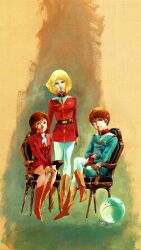  absurdres amuro_ray belt boots chair earth_federation_space_forces fraw_bow gundam haro highres insignia military_uniform non-web_source pantyhose sayla_mass white_pantyhose yasuhiko_yoshikazu 