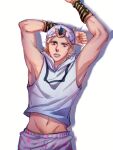  1boy 2608337875 armpits blonde_hair blue_eyes groin hat highres hood hoodie johnny_joestar jojo_no_kimyou_na_bouken male_focus midriff_peek sleeveless sleeveless_hoodie solo star_(symbol) star_print steel_ball_run 