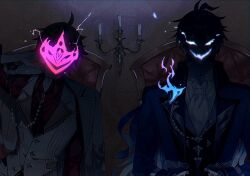  ascot black_gloves black_hair blue_coat blue_eyes blue_hair closed_mouth coat flins_(genshin_fes_2026)_(genshin_impact) flins_(genshin_impact) genshin_impact gloves hair_between_eyes holding long_hair looking_at_viewer male_focus multicolored_hair multiple_boys official_alternate_costume orange_hair shirt short_hair smile tartaglia_(genshin_fes_2026)_(genshin_impact) tartaglia_(genshin_impact) torisukedesu white_shirt yellow_eyes 