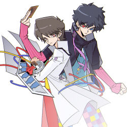  2boys animification black_hair blue_eyes bright_pupils brown_hair clenched_hand closed_mouth coat commentary dul_(dulvista424) hand_up heterochromia high_collar houjou_emu kamen_rider kamen_rider_ex-aid_(series) lab_coat long_sleeves looking_at_viewer male_focus multiple_boys parad red_eyes short_hair white_coat white_pupils yu-gi-oh! 