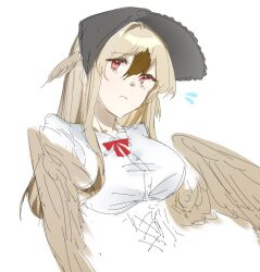  black_bonnet black_souls black_souls_2 bonnet breasts brown_hair closed_mouth collared_shirt dodo_(black_souls) flying_sweatdrops furrowed_brow hair_between_eyes harpy head_wings long_hair long_sidelocks medium_breasts monster_girl mu_blood red_eyes red_ribbon ribbon shirt sidelocks white_background white_shirt winged_arms wings 