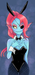 1girl 2020 2d alternate_costume animal_ears anthro banjigamu black_bowtie black_eyepatch black_leotard blue_background blue_pantyhose blue_skin bowtie breasts cleavage colored_sclera colored_skin cowboy_shot digital_media ear_fins eyepatch fake_animal_ears female fins fish fish_girl fishnet_pantyhose fishnets hand_on_own_chest head_fins high_ponytail highres leotard long_hair looking_at_viewer monster_girl pantyhose playboy_bunny ponytail rabbit_ears red_hair simple_background slit_pupils solo straight-on undertale undyne utdr_(toby_fox) wrist_cuffs yellow_sclera