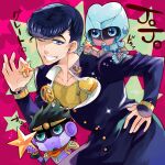  3boys anchor_symbol armor black_hair blue_eyes blue_hair blue_skin chibi colored_skin crazy_diamond diamond_wa_kudakenai floating_hair gakuran higashikata_josuke highres jojo_no_kimyou_na_bouken male_focus mikan03260 multiple_boys one_eye_closed pauldrons peace_symbol pompadour purple_skin school_uniform shoulder_armor stand_(jojo) star_ornament star_platinum 