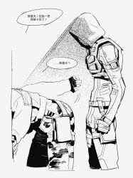  bent_over camouflage camouflage_pants chinese_commentary chinese_text commentary_request cowboy_shot fingerless_gloves fukurau gloves greyscale hood hood_up hooded_jacket jacket looking_at_another male_focus mask monochrome pants respirator skif_(stalker_2) stalker_(game) stalker_2:_heart_of_chornobyl strider_(stalker) translation_request 