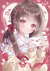  1girl blush bow breasts brown_hair candy candy_cane cardigan closed_mouth collared_shirt food frills gingerbread_man hair_between_eyes hair_bow hair_ornament heart highres holding holding_letter kohinata_hoshimi letter long_hair long_sleeves looking_at_viewer original red_bow red_eyes red_ribbon red_sweater_vest ribbon shirt smile snowman solo sweater_vest twintails upper_body white_shirt x_hair_ornament 