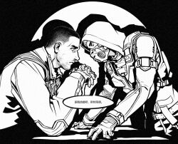  2boys belt buzz_cut chinese_commentary chinese_text commentary_request fukurau gloves greyscale highres hood hood_up jacket long_sleeves looking_at_another male_focus mask monochrome multiple_boys respirator shirt short_hair skif_(stalker_2) stalker_(game) stalker_2:_heart_of_chornobyl strider_(stalker) translation_request upper_body very_short_hair 