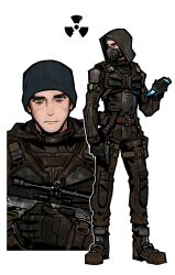  1boy beanie black_gloves black_shirt boots brown_boots brown_eyes brown_pants chinese_commentary closed_mouth commentary_request fukurau full_body gloves grey_hat gun handgun hat highres holding holding_gun holding_weapon hood hood_up looking_afar looking_at_viewer makarov_pm male_focus mask multiple_views pants radiation_symbol respirator shirt simple_background skif_(stalker_2) stalker_(game) stalker_2:_heart_of_chornobyl weapon white_background 