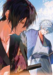  2boys black_hair blue_eyes blue_haori closed_mouth collarbone gintama grey_hair hair_between_eyes haori highres ikaooi1 japanese_clothes katana kimono looking_at_another male_focus multiple_boys profile purple_kimono sakata_gintoki short_hair smirk spiky_hair standing sword takasugi_shinsuke teeth weapon white_kimono 
