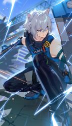  1boy absurdres animal_ears black_pants blue_jacket blue_sky blurry blurry_background cat_boy cat_ears commentary_request crossed_bangs electricity grey_hair hair_between_eyes highres holding holding_baton holding_shield jacket looking_ahead male_focus nefula14 outdoors pants parted_lips police police_badge police_uniform policeman scar scar_on_shoulder seth_lowell shield short_hair sky smile solo squatting v-shaped_eyebrows violet_eyes zenless_zone_zero zipper zipper_pull_tab 