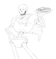 1boy 2015 2d armor cape cowboy_shot digital_media english_text food food_name gloves hand_on_own_hip highres holding_plate humanoid male male_focus male_only monochrome monster monster_boy one_eye_closed papyrus_(font) papyrus_(undertale) pasta plate rb_(sparkleee-sprinkle) shorts simple_background skeleton sketch solo spaghetti spaghetti_and_meatballs teeth text undead undertale unfinished utdr_(toby_fox) white_background