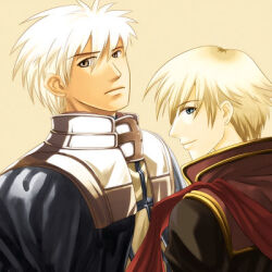  2boys armor black_coat blonde_hair brown_background brown_eyes cape closed_mouth coat commentary_request crusader_(ragnarok_online) dated_commentary gold_trim green_eyes grey_cape looking_at_viewer lowres male_focus multiple_boys oomojiya pauldrons priest_(ragnarok_online) ragnarok_online short_hair shoulder_armor simple_background smile upper_body white_hair 